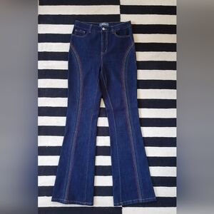 Modcloth Dark Blue High Waisted Flare Jeans with Rainbow Stitching Size 4